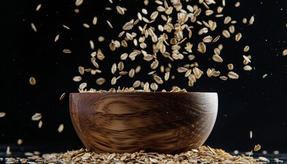 Oats falling out of bowl white and black background