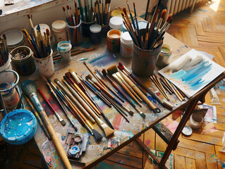 Art supplies like brushes and paints are neatly organized on a wooden floor, capturing the essence of creativity and artistic expression. - Powered by Adobe