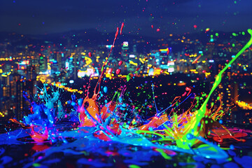 A dynamic scene of bright, fluorescent paint splashes against a nighttime cityscape, blending the vibrancy of urban life with the spontaneous nature of paint art, 