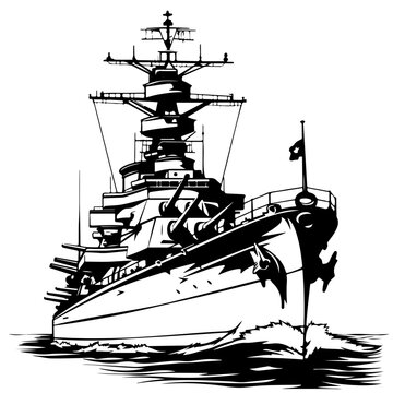 black and white battleship sailing on water clip art preview