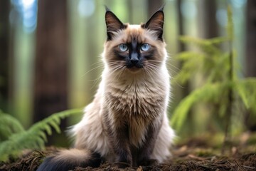Obraz premium Close-up portrait photography of a curious balinese cat kneading with hind legs isolated in forest background