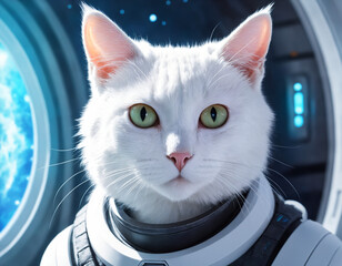 Muzzle of a white cat astronaut close-up
