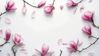 Naklejka premium Pink magnolia flowers arranged on a white background Top view with space for text
