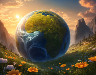 Planet Earth in a meadow against the backdrop of mountains