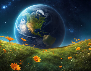 Planet Earth goes beyond the horizon in a flower meadow