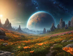 View from a mountain meadow to a large planet and space