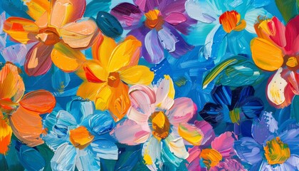 Portion of oil painting displaying vibrant abstract flowers with colorful backdrop