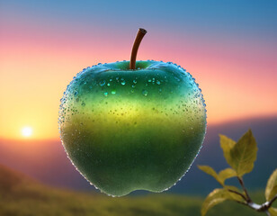 Green apple in drops of dew on a background of nature
