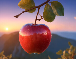 A red juicy apple hangs on a branch in drops of morning dew