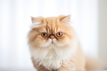 Close-up portrait photography of a cute persian cat playing isolated on minimalist or empty room background