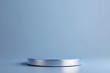 Modern silver podium for tech presentations, spotlighted against a gradient of sky blue