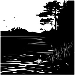 Night lake with trees and stars
