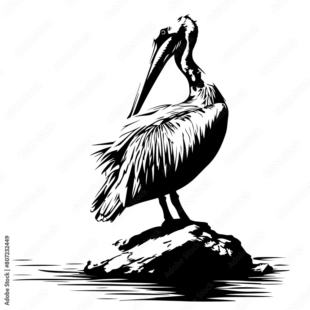 Poster Pelican standing on rock in water