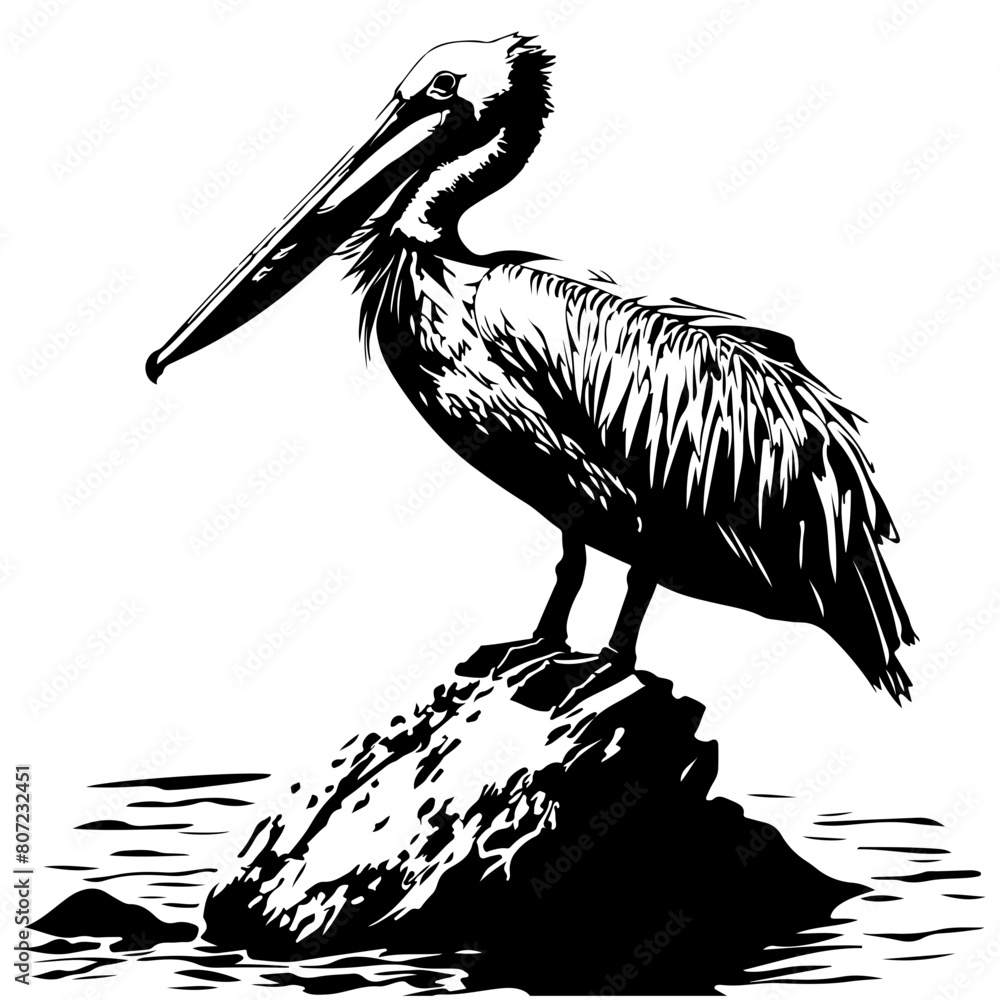 Wall mural Pelican standing on a rock in water