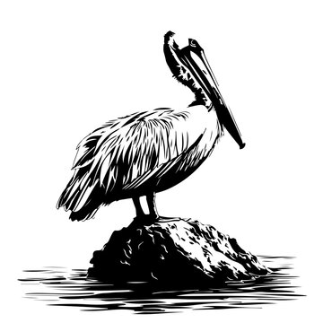 recommend clip art: Pelican standing on rock in water