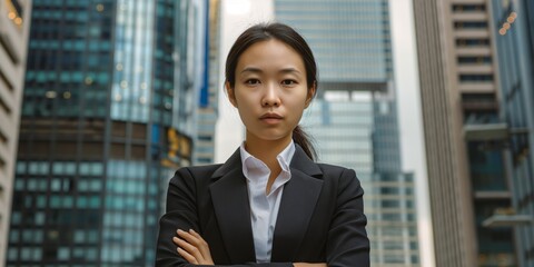Fototapeta premium A determined young businesswoman stands arms crossed in an urban setting with skyscrapers