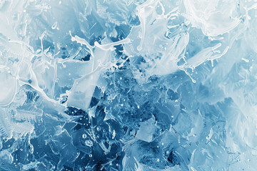 A frozen moment of crystalline ice blue and white paint splashes, capturing the intricate patterns...