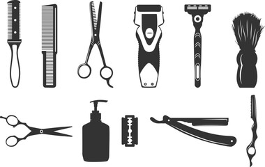 Barber tools silhouette, Barber tools svg, Barbershop tools svg, Hairdressing tools set, Barbershop equipment silhouette, Salon tools silhouette, Hairdresser tools icons set.
