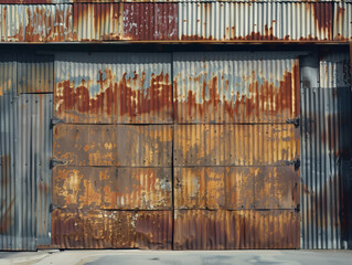 A weathered garage door, rusty metal sheet, vintage roof, and painted iron wall combine for a grunge design aesthetic, giving off a worn and weathered look.