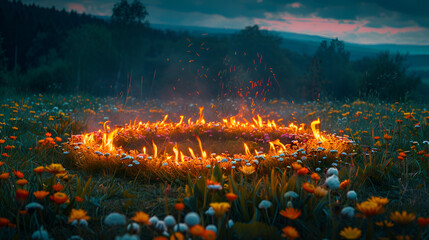  Fire Burns in Circle of Flowers Under Midnight 3d image wallpaper 
