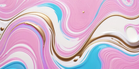 Abstract thick cream in pink, blue, white and gold colors as fluid art. Generated by AI