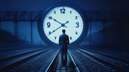 A man walking down a railroad track towards a giant clock in the distance.