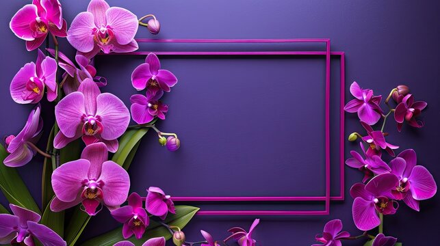 A photo text of the word 'Happy Mother's Day' on a royal purple background highlighted with regal orchids and a rectangular frame.