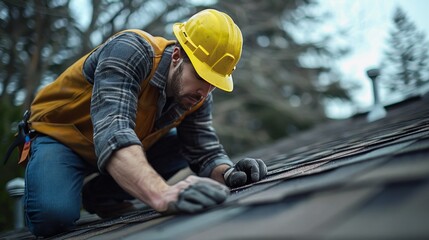 A Skilled Roofer in Safety Gear Inspects Shingles for Repair or Replacement