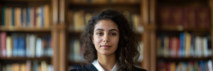 Concentrated graduate student stands in a library setting, symbolizing education and knowledge