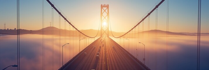 Obraz premium Majestic view of the Golden Gate Bridge enveloped in morning fog with rising sun in the background creating a serene and tranquil atmosphere