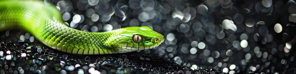 Fototapeta premium green snake on a background of black sequins.