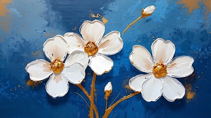 Abstract oil painting painted with palette knife. White petals, flowers with gold lines, on blue background.

