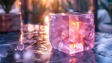 Close-Up of Violet Crystal Cube on Table,
Ice cubes on a table with a blue background and pink lights.
