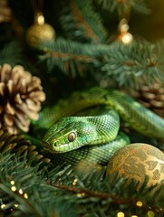 Fototapeta premium green snake on a background of gold sequins and branches of fir trees.