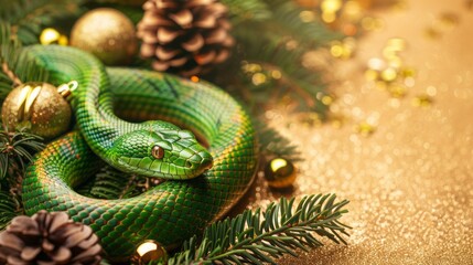 Fototapeta premium green snake on a background of gold sequins and branches of fir trees.
