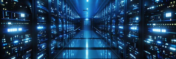 Server room data center. Backup, mining, hosting, mainframe and computer rack with storage information. 3d render