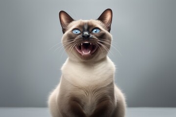 Obraz premium Headshot portrait photography of a smiling siamese cat kneading with hind legs while standing against minimalist or empty room background