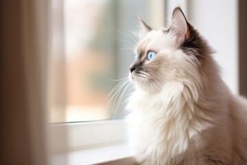 Medium shot portrait photography of a cute ragdoll cat window watching on minimalist or empty room background