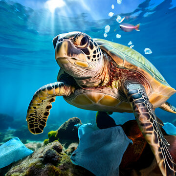 tortue marine prise dans les mailles dun filet de pche d la pollution des ocans,sea turtle swimming in a coral reef with colorful fish. Bright underwater colors during a snorkeling vacation.generate 
