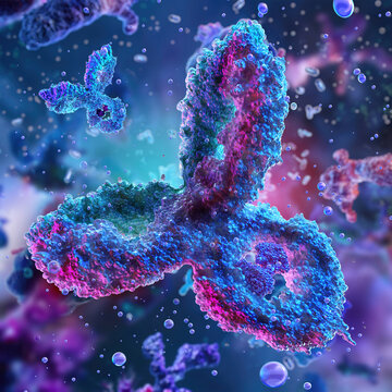Antibodies, immunoglobulin Ig proteins 3D medical image. Immune system, IgM, IgG, IgE, IgD, IgA antibodies glycoproteins, specific antigens against virus. Vital components of the immunity responce