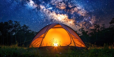 A tent in a field under a star-filled night sky