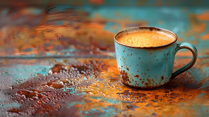 Cup of Coffee Stylized,
Mug on wooden table
