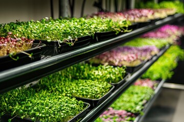 Various plants, including microgreens, neatly arranged on shelves under industrial lighting
