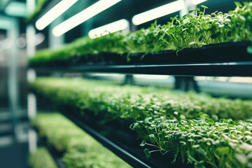 Microgreens grow in a row on shelves under artificial lighting in an industrial greenhouse setting