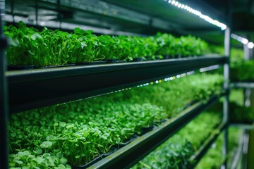 Array of microgreens flourishing on shelves under grow lights in a production facility