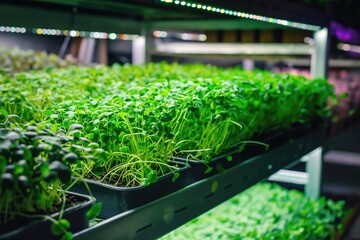 Rows of flourishing green plants being cultivated in an industrial greenhouse setting under specialized lighting