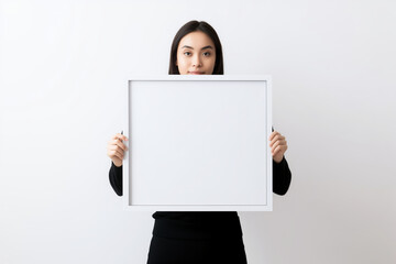 Naklejka premium Frame Your Memories: A Woman Holds a Blank Photo Frame Against a Clean White Background. Perfect for Showcasing Your Artwork