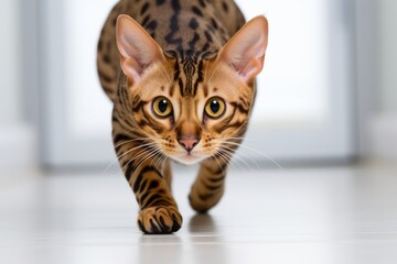Close-up portrait photography of a curious bengal cat pouncing in front of minimalist or empty room background - obrazy, fototapety, plakaty