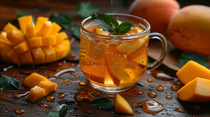Delicious Mango Tea with Fresh Mango Slices on Rim,
Pumpkin spice cup of tea stock photo, cozy teatime autumn drink