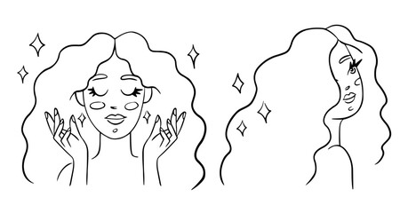 Woman beauty routine doodles. Vector illustration of skin and hair care. Line art cartoon girls portraits